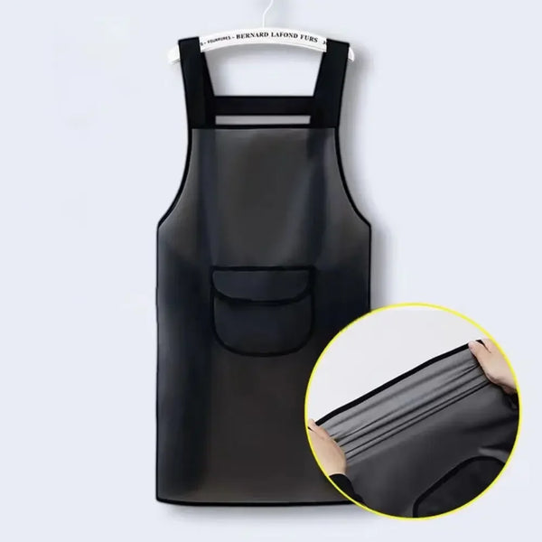 A black waterproof transparent kitchen apron hanging on a hanger with a pocket detail.