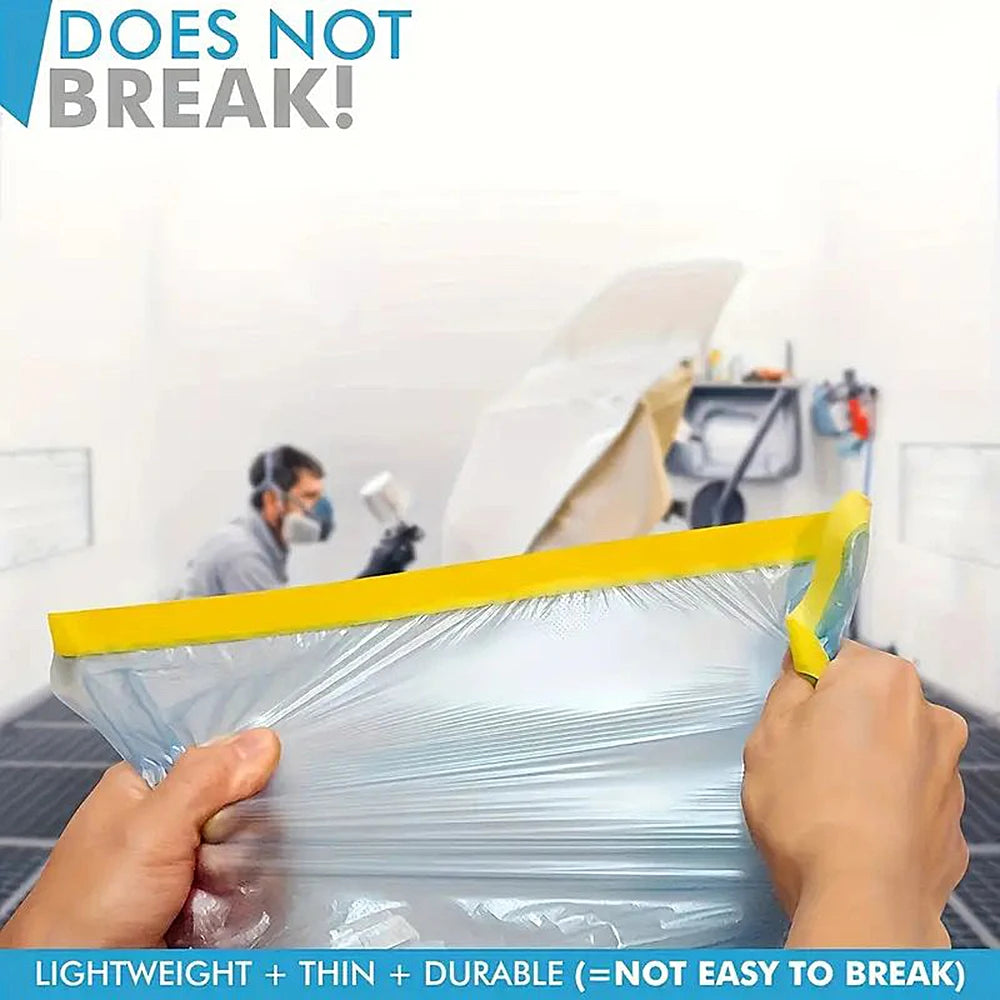 A hand is wrapping a clear plastic film around a surface, demonstrating the durability of masking film tape.