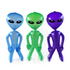 Three inflatable alien decorations in blue, green, and purple for parties
