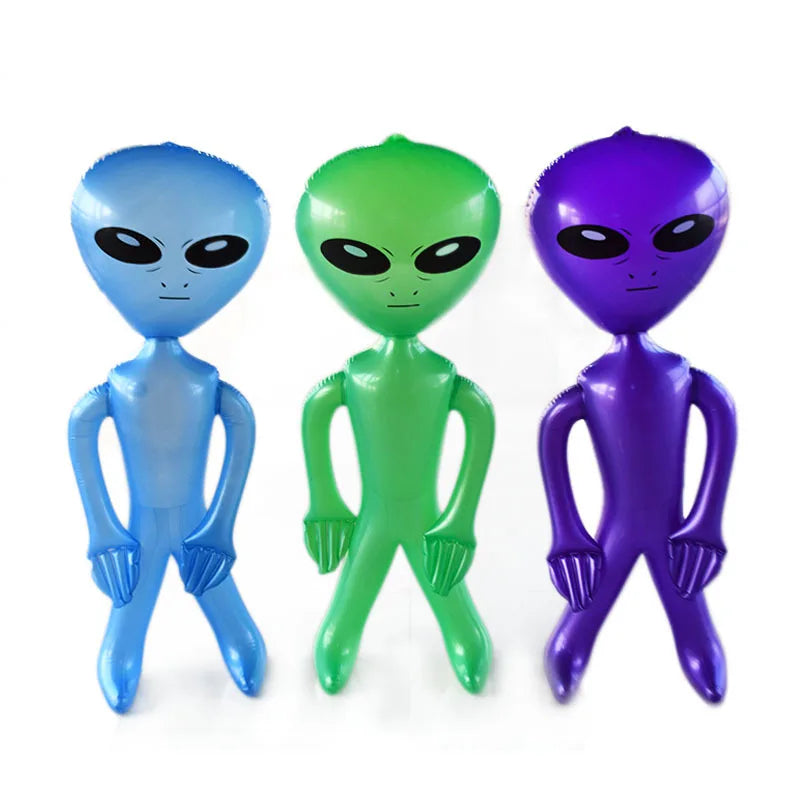 Three inflatable alien decorations in blue, green, and purple for parties