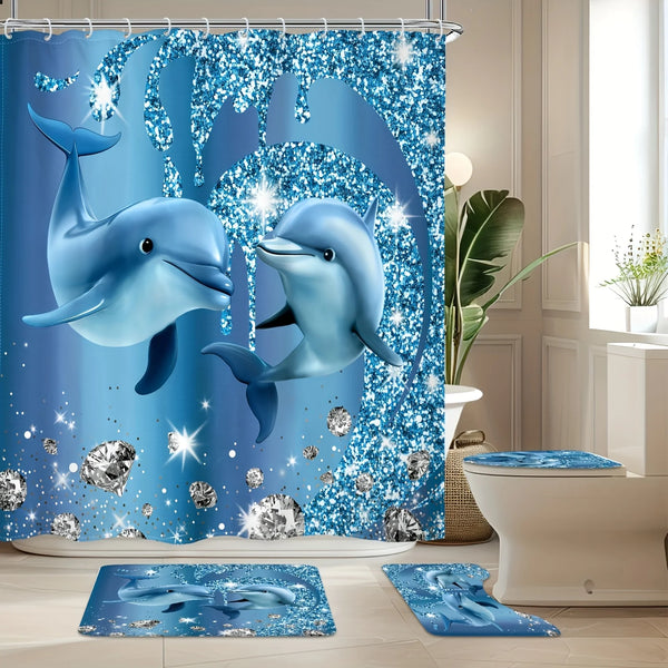 Magisches Delfin-Spielzimmer-Set mit blauem Delfin-Duschvorhang und Matten.