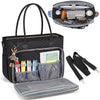 A black quilted tote bag with multiple pockets and a laptop sleeve, shown open with accessories.