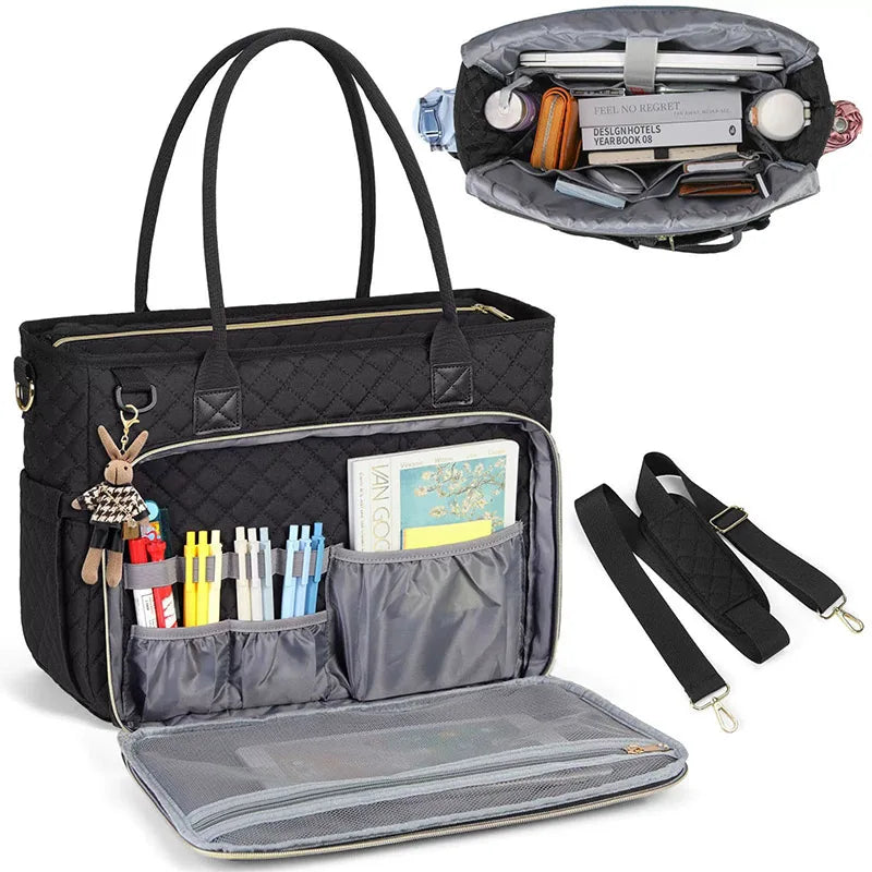 A black quilted tote bag with multiple pockets and a laptop sleeve, shown open with accessories.