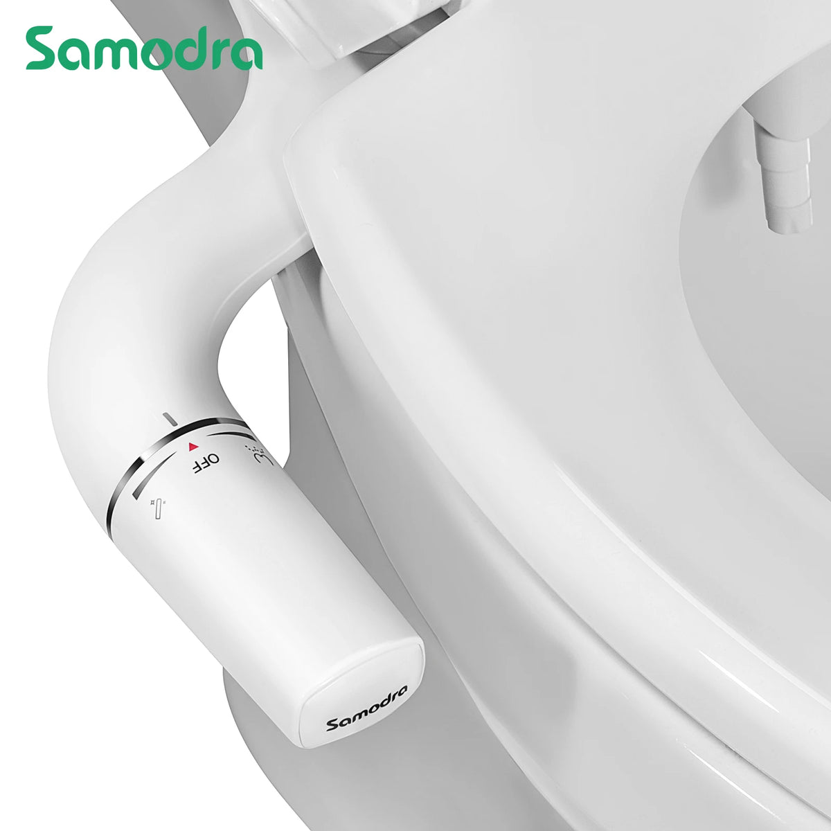 A white bidet attachment with an on/off switch is shown attached to a toilet fixture.