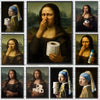 A grid of vintage oil paintings depicting various depictions of the Mona Lisa.