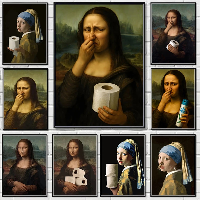 A grid of vintage oil paintings depicting various depictions of the Mona Lisa.