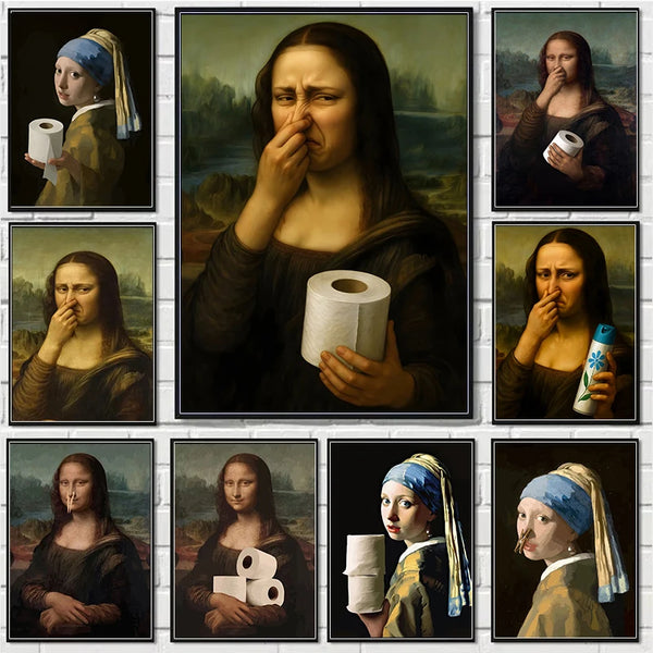 A grid of vintage oil paintings depicting various depictions of the Mona Lisa.