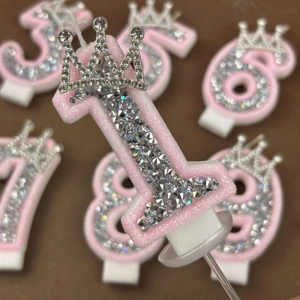 Pink and silver decorative rhinestone birthday candles shaped like the number 36
