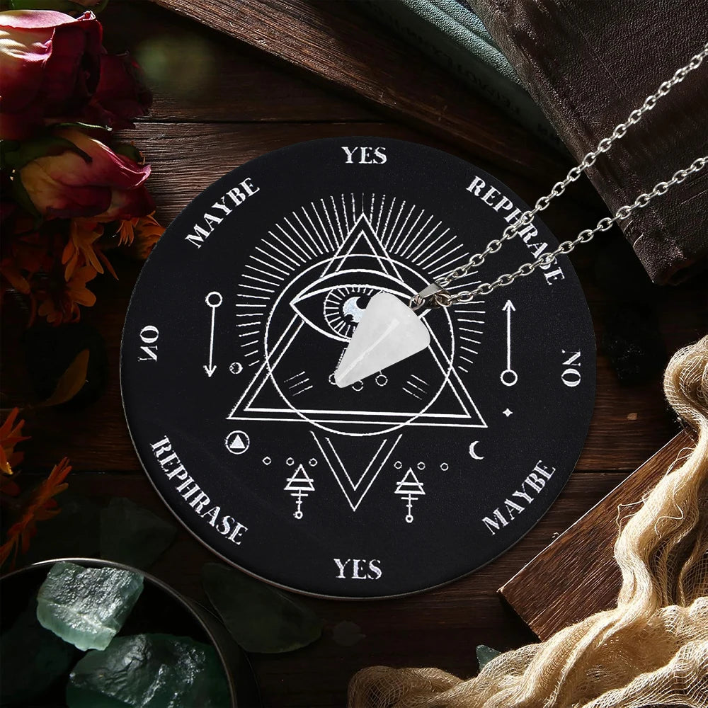 A black divination circle featuring a triangle design and various words like YES, MAYBE, and REPHRASE, set on a wooden surfac
