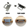 A set of black metal sawtooth picture hangers shown in plane and right angle configurations.
