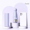 A purple folding UV protection umbrella and a white smartphone are displayed against a light background.