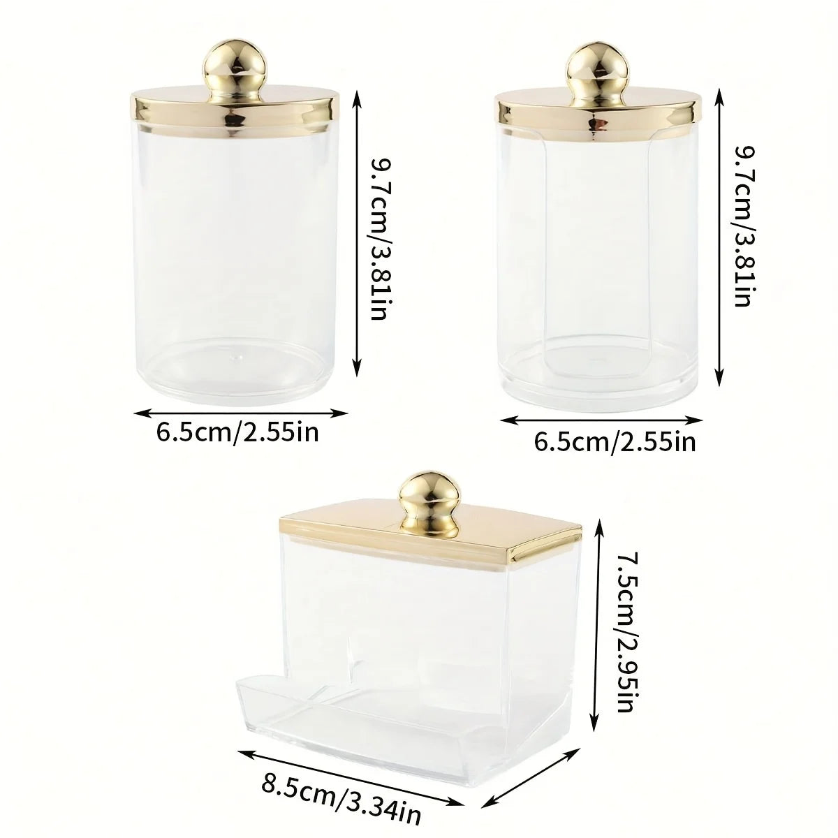 Clear glass apothecary jar with a golden lid and a separate clear plastic dispenser for cotton balls and swabs.