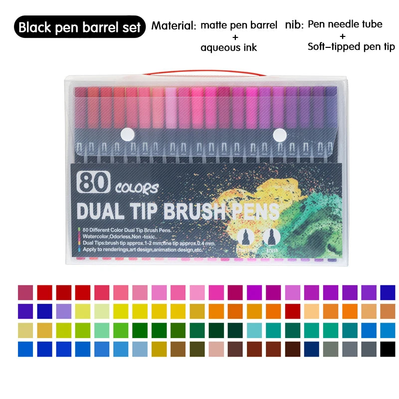 Ein Set von 80 Doppeltip-Brush-Stiften in verschiedenen Farben, präsentiert in einer klaren Plastikbox.