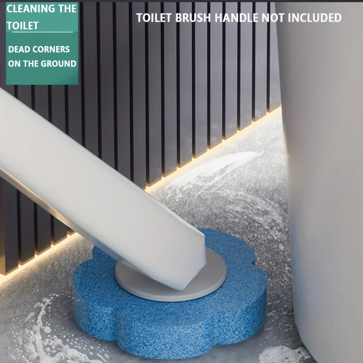 A white disposable toilet brush handle is shown cleaning dead corners on the ground.