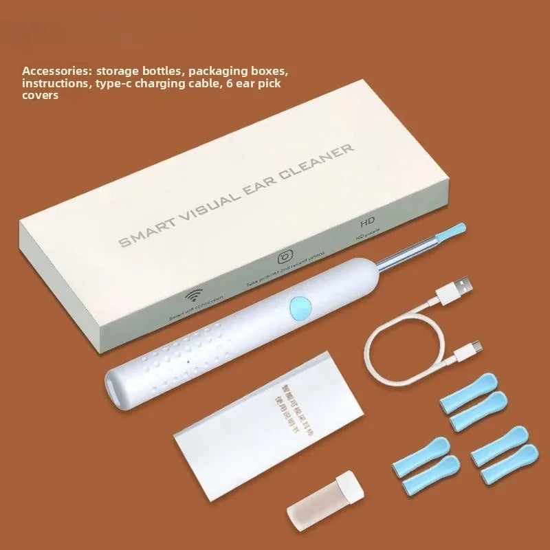A white visual ear cleaner device and accessories including storage bottles, packaging boxes, instructions, a type-c charging