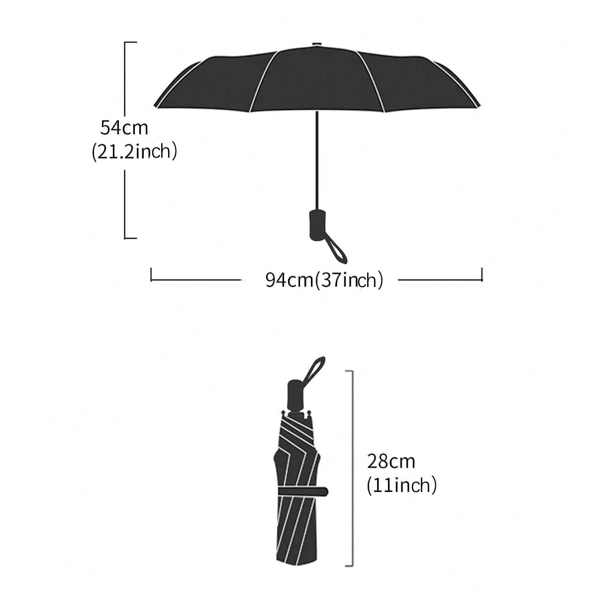 A diagram showing the dimensions of an automatic transparent folding umbrella, including its canopy size and shaft length.