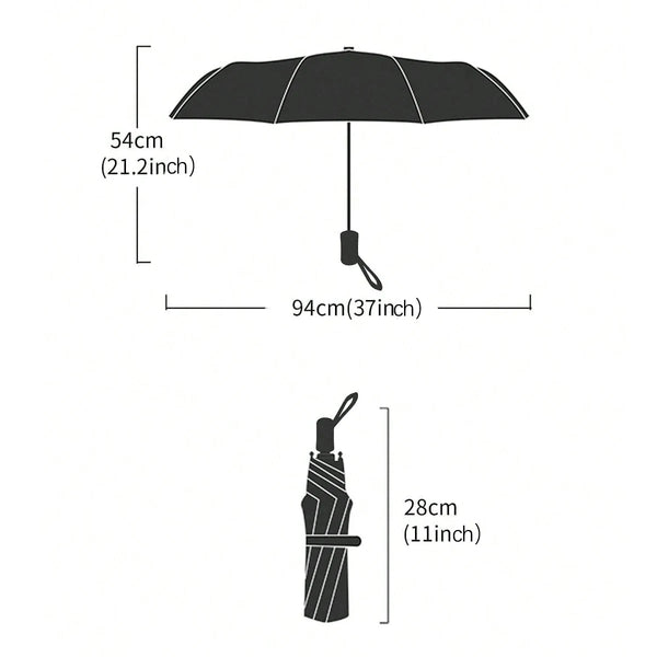 A diagram showing the dimensions of an automatic transparent folding umbrella, including its canopy size and shaft length.