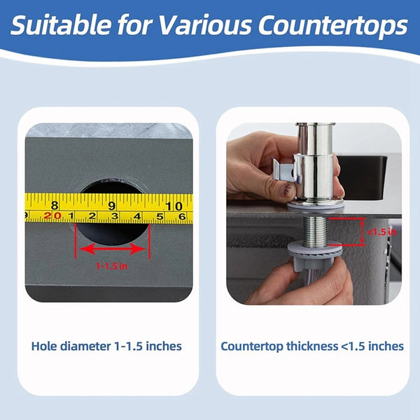 A product suitable for various countertops, showing a hole diameter of 1-1.5 inches and a countertop thickness of less than 1
