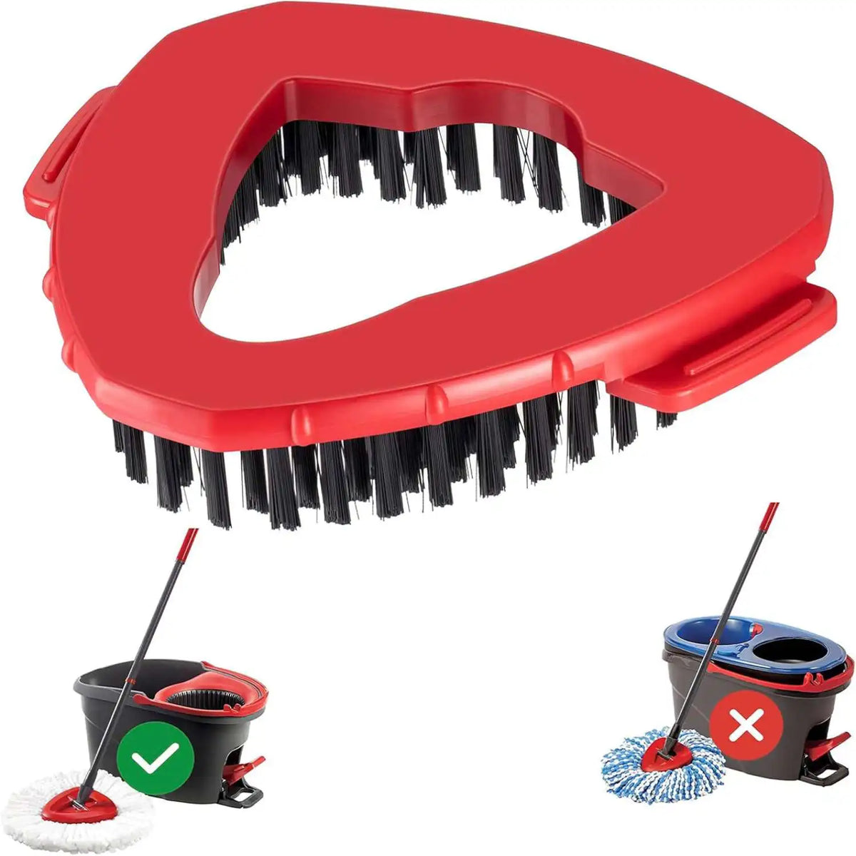 Red microfiber spin mop refill head with black bristles and a cleaning disc.