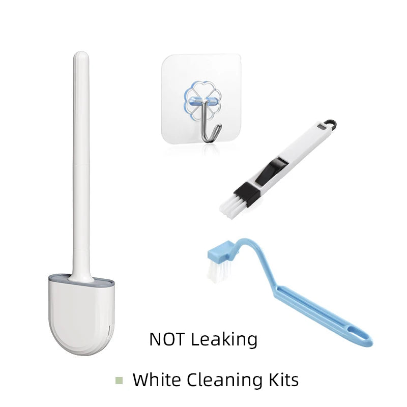 Kits de nettoyage blancs comprenant une brosse à toilette en silicone montée au mur et des outils de nettoyage