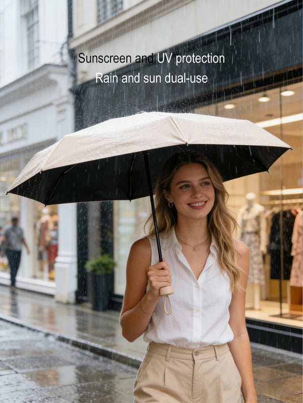 A woman holding a black umbrella in the rain, demonstrating sunscreen and UV protection for dual use.
