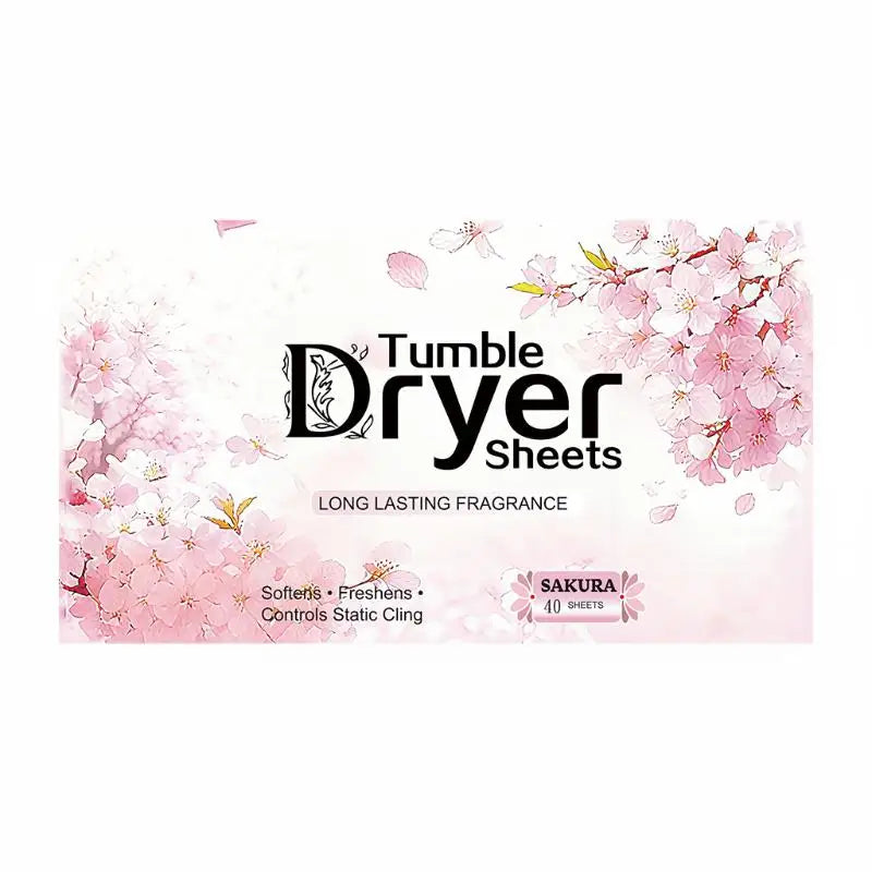 Box of Tumble Dryer Sheets in pink with cherry blossoms and the text Long Lasting Fragrance