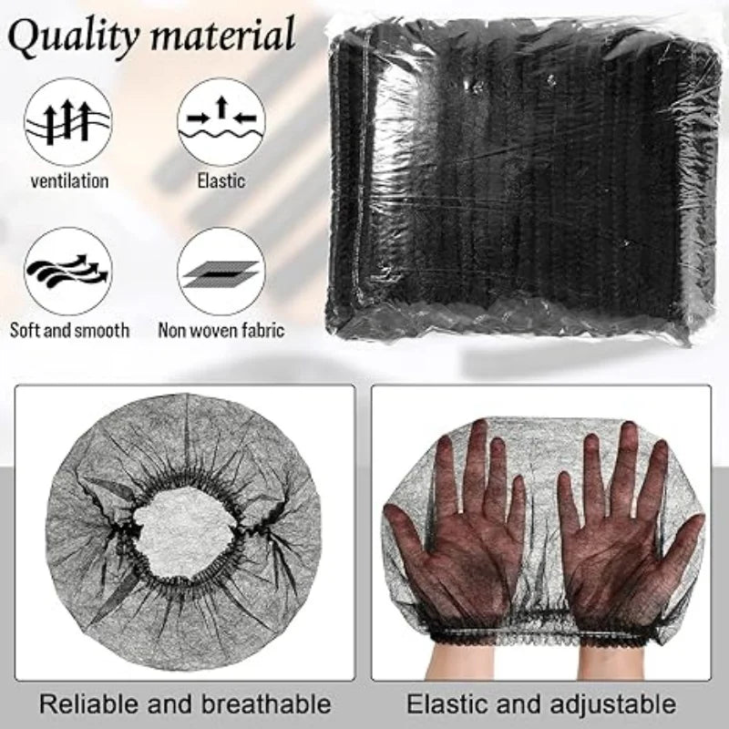 Black disposable bouffant hair net covers shown with features like ventilation, elasticity, and a breathable non-woven fabric