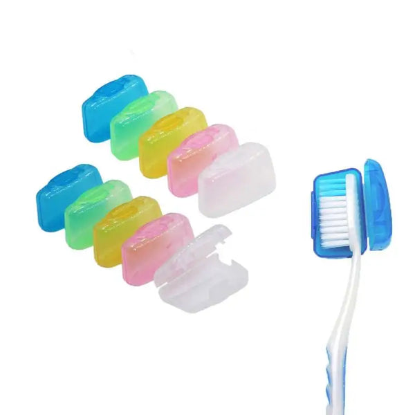 A collection of ten colorful reusable toothbrush head covers in various shades of blue, green, and yellow.