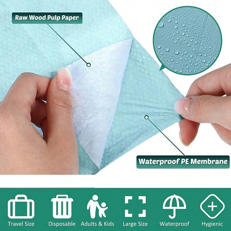 Eine Hand hält ein dünnes, weißes Material, das zwischen grünem Papier und einer wasserdichten PE-Membran liegt.