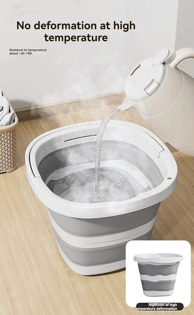 A white collapsible water bucket is being filled with water, demonstrating resistance to high temperature deformation.