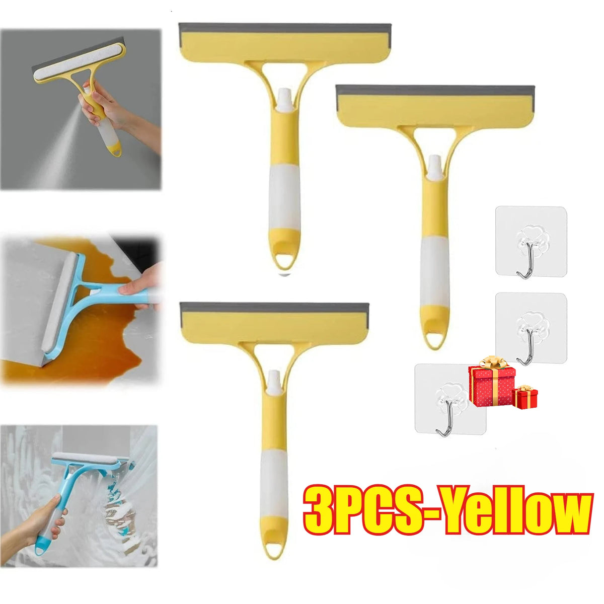 Three yellow multi-function glass cleaners and scrapers shown in various angles.