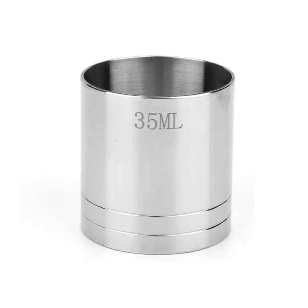 A cylindrical stainless steel bar measure with the marking 35ML.