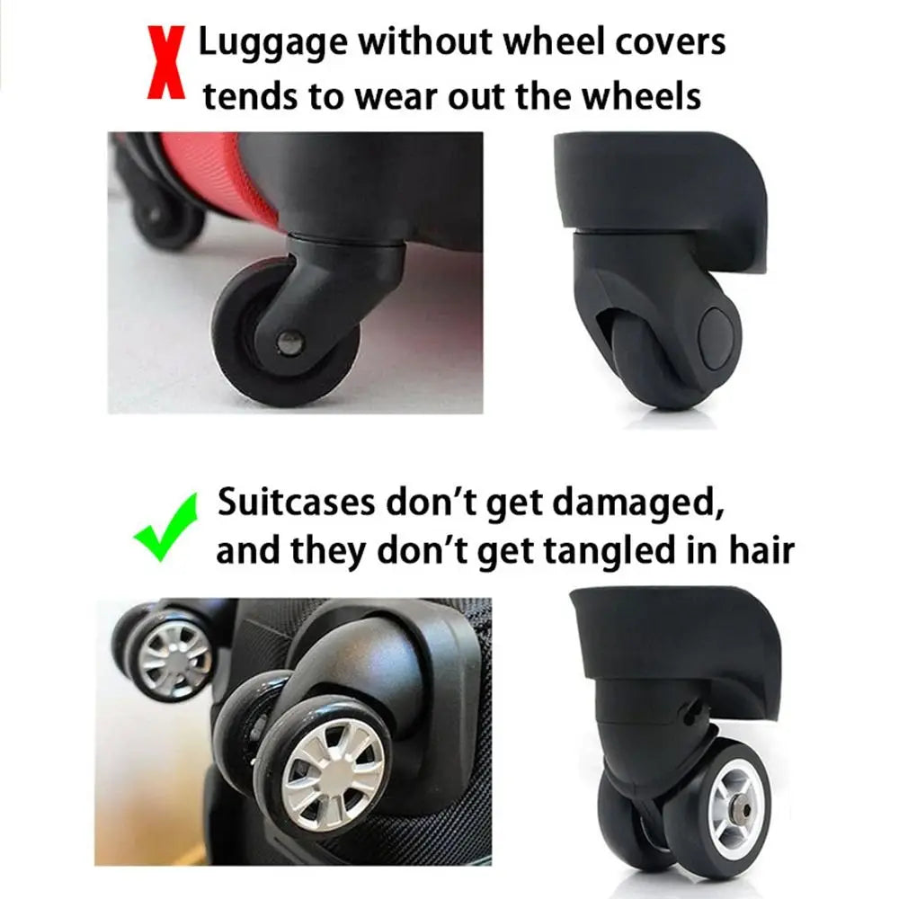 Comparison showing luggage wheels without covers versus protected suitcases that are not damaged or tangled in hair
