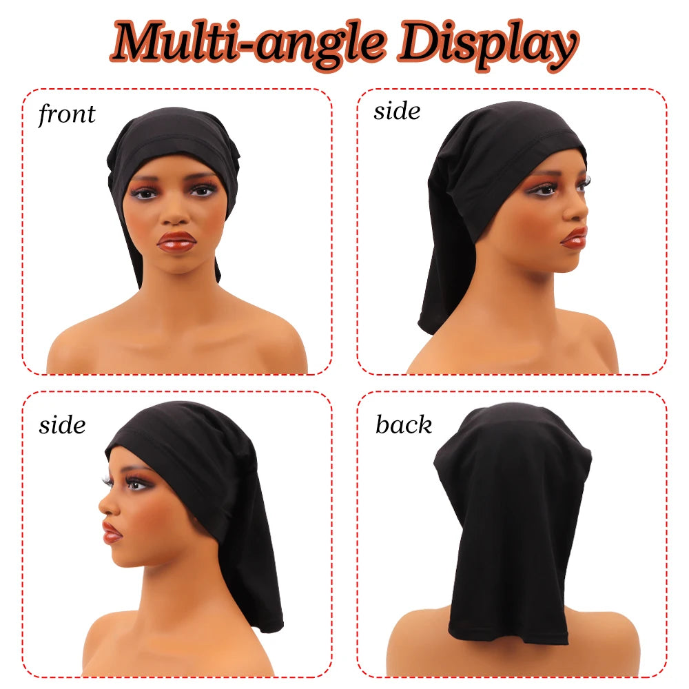Multi-angle display of a black spandex dreadlock tube cap for hair protection shown from front, side, and back angles.