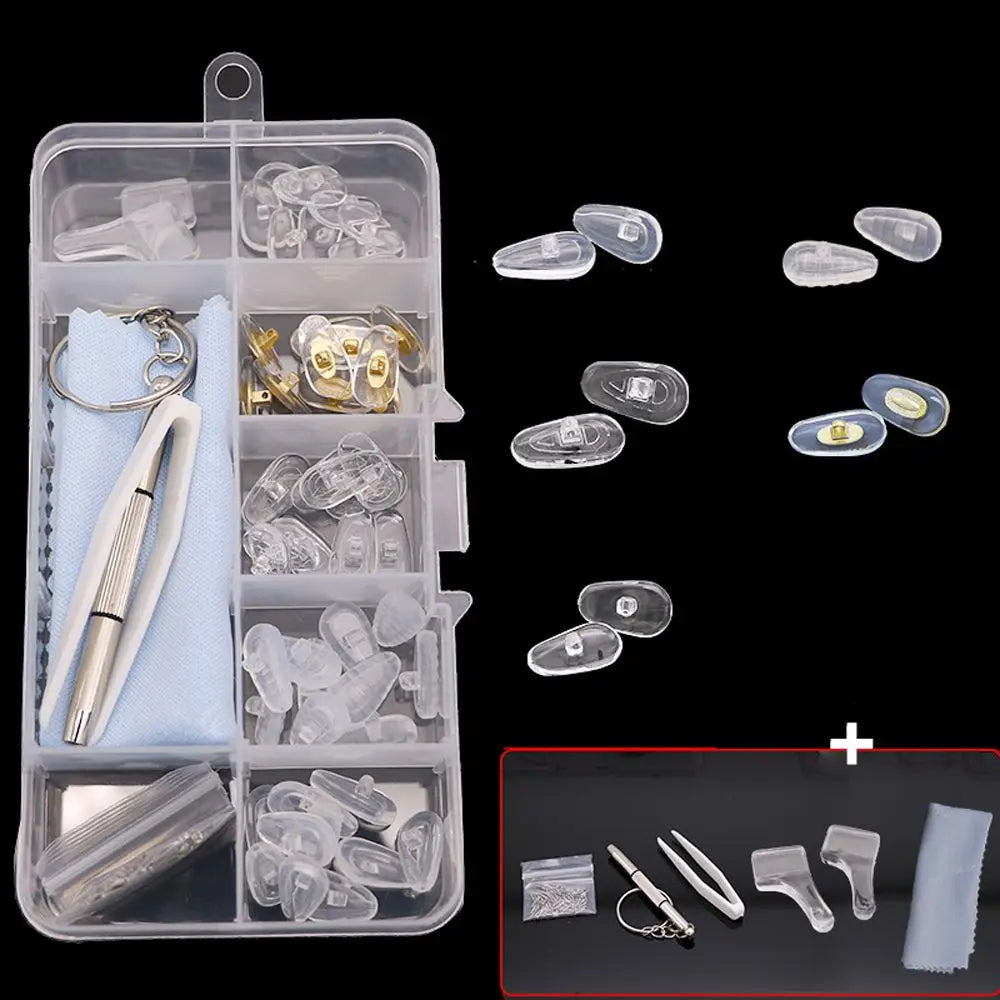 A clear plastic kit containing various tools and components for precision glasses repair, including a screwdriver and small p