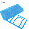 Two blue microfiber mop pads, one textured cleaning pad and one storage cover.