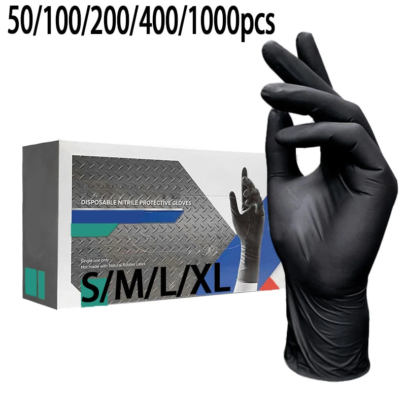 A hand wearing a black disposable nitrile protective glove is shown next to a box of gloves.
