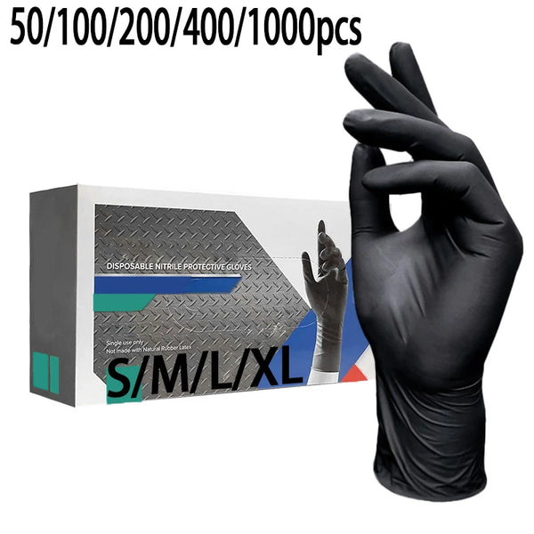 A hand wearing a black disposable nitrile protective glove is shown next to a box of gloves.