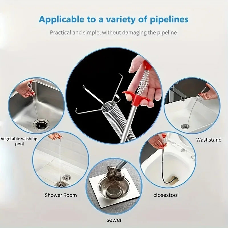 Bendable drain auger with claw hook used for cleaning various pipes including vegetable washing pools, shower rooms, and sewe