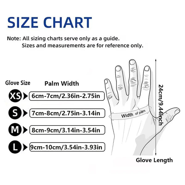 Size chart for disposable nitrile kitchen gloves showing measurements for sizes XS to L.