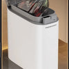 A white Joybos automatic sensor trash can with an orange bag is shown, demonstrating one-stop packing.