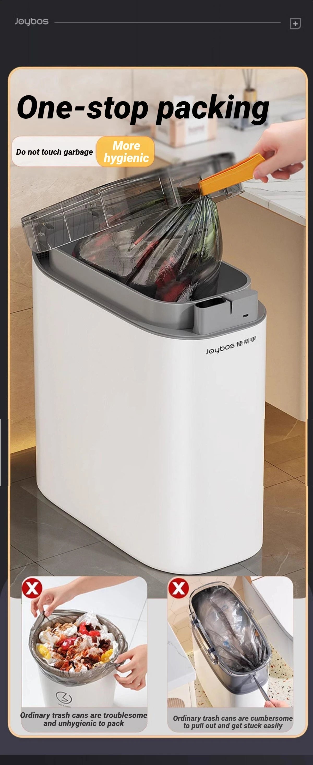 A white Joybos automatic sensor trash can with an orange bag is shown, demonstrating one-stop packing.
