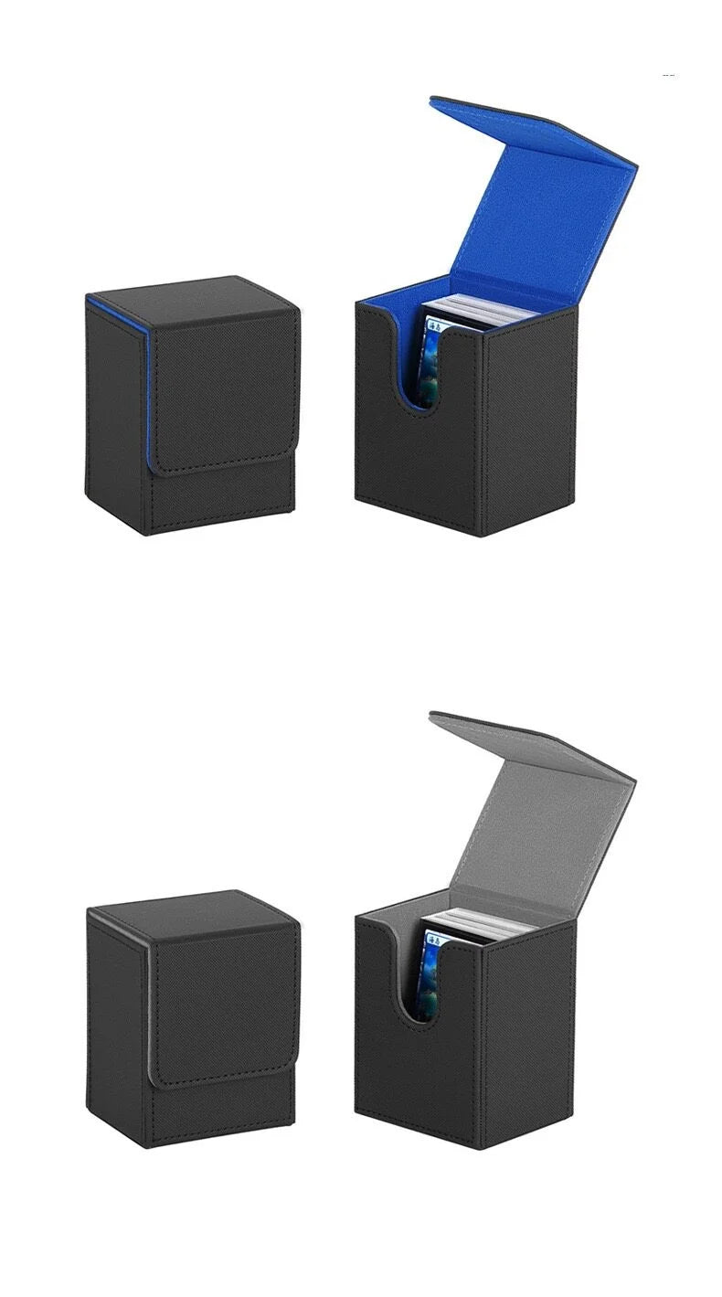 A black PU leather magnetic card deck box shown in two views, one closed and one open displaying a card.