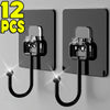 Twelve heavy-duty self-adhesive wall hooks with black metal loops mounted on a gray surface.