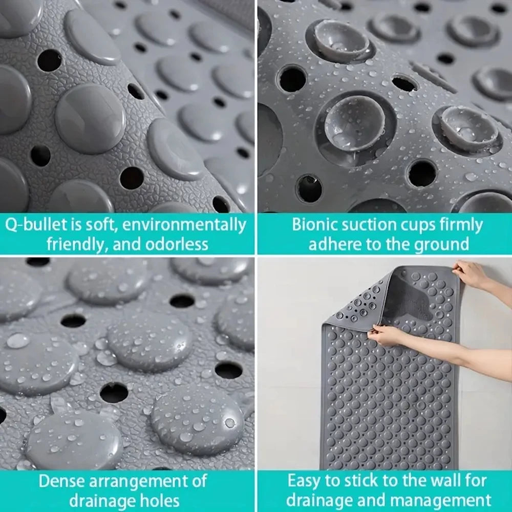 Close-up view of a gray rectangular non-slip bath mat with numerous drainage holes and suction cups.