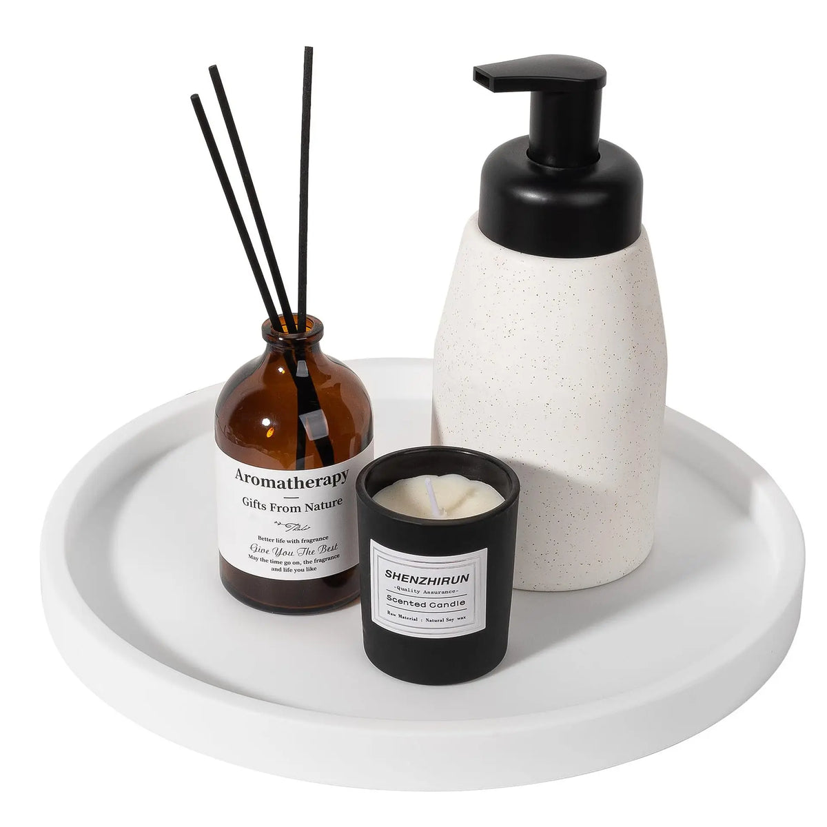 A set of silicone kitchen and bathroom tray organizers, including a pump dispenser and a scented candle.