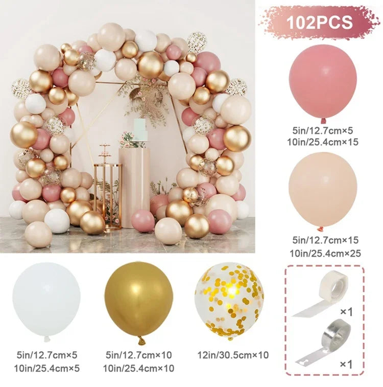 A round foil balloon garland kit featuring pink and gold balloons, including various sizes and mounting hardware.