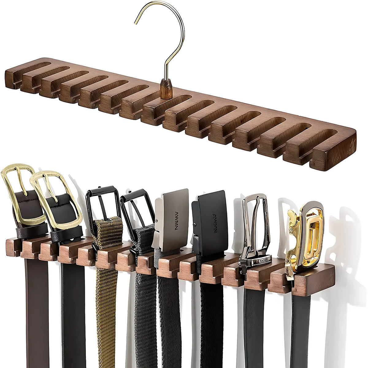 A wooden multi-slot hanging belt and tie organizer with various colored leather and fabric straps.