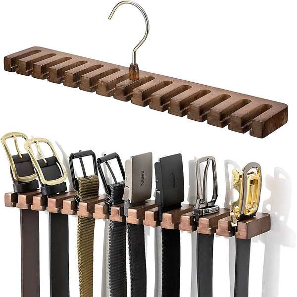 A wooden multi-slot hanging belt and tie organizer with various colored leather and fabric straps.