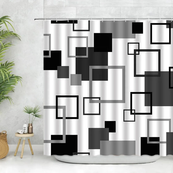 Ensemble de rideaux de douche géométriques modernes avec un motif de carrés noirs, gris et blancs.